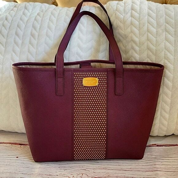 MICHAEL Michael Kors Burgundy Saffiano Leather Medium Sized Studded Tote - Picture 1 of 10